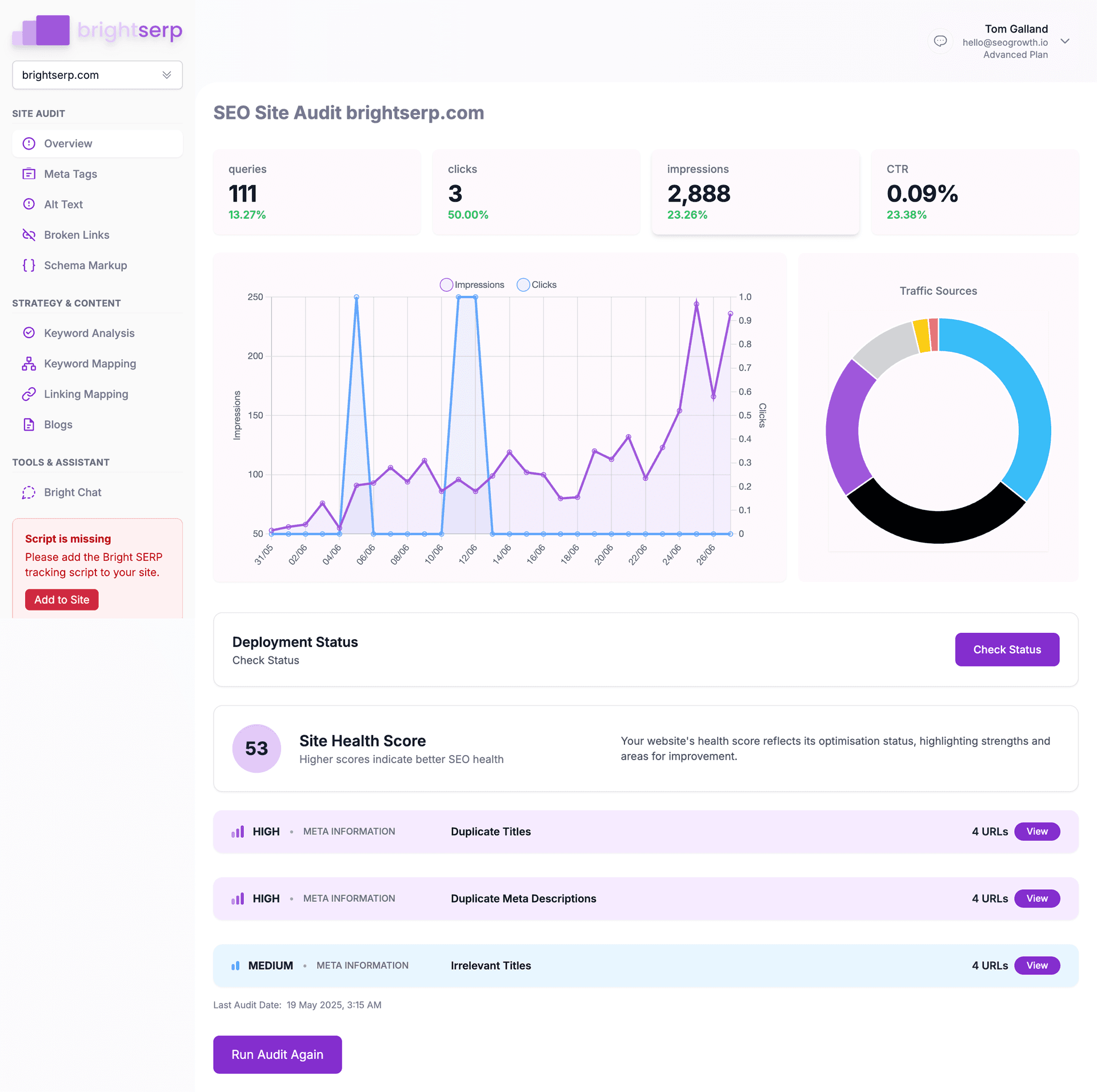 Bright SERP internal linking dashboard